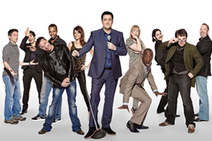 Show Me The Funny. Image shows from L to R: Stuart Goldsmith, Patrick Monahan, Cole Parker, Prince Abdi, Ellie Taylor, Jason Manford, Tiffany Stevenson, Rudi Lickwood, Ignacio Lopez, Dan Mitchell, Alfie Moore. Copyright: Big Talk Productions