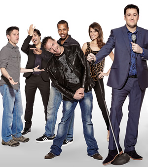 Show Me The Funny. Image shows from L to R: Stuart Goldsmith, Patrick Monahan, Cole Parker, Prince Abdi, Ellie Taylor, Jason Manford. Copyright: Big Talk Productions