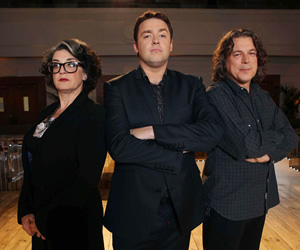 Show Me The Funny. Image shows from L to R: Kate Copstick, Jason Manford, Alan Davies. Copyright: Big Talk Productions