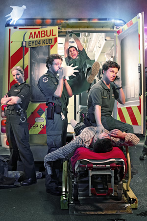 Sirens. Image shows from L to R: Sgt Maxine Fox (Amy Beth Hayes), Ashley Greenwick (Richard Madden), Rachid Mansaur (Kayvan Novak), Stuart Bayldon (Rhys Thomas). Copyright: Daybreak Pictures