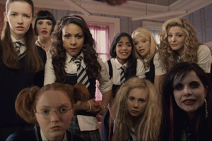 St Trinian's. Image shows from L to R: Annabelle Fritton (Talulah Riley), Kelly Jones (Gemma Arterton), Polly (Lily Cole), Taylor (Kathryn Drysdale), Peaches (Amara Karan), Celia (Juno Temple), Chloe (Antonia Bernath), Chelsea Parker (Tamsin Egerton), Andrea (Paloma Faith). Copyright: Fragile St Trinian's Limited / Ealing Studios