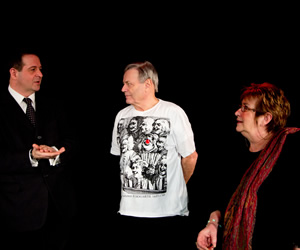 Stand Up For Comic Relief. Image shows from L to R: Mark Thomas, Tony Blackburn, Jenni Murray. Copyright: BBC