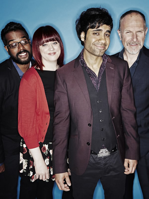 Stand Up For The Week. Image shows from L to R: Romesh Ranganathan, Angela Barnes, Paul Chowdhry, Simon Evans. Copyright: Open Mike Productions