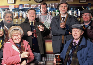 Still Game. Image shows from L to R: Navid Harrid (Sanjeev Kohli), Isa Drennan (Jane McCarry), Jack Jarvis (Ford Kiernan), Boabby (Gavin Mitchell), Victor McDade (Greg Hemphill), Tam Mullen (Mark Cox), Winston Ingram (Paul Riley). Copyright: The Comedy Unit / Effingee Productions