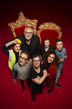 Taskmaster. Image shows from L to R: Katy Wix, David Baddiel, Greg Davies, Jo Brand, Alex Horne, Rose Matafeo, Ed Gamble. Copyright: Avalon Television