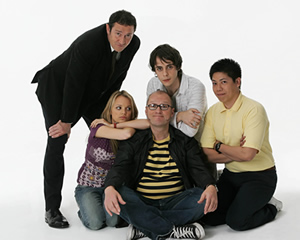 Teenage Kicks. Image shows from L to R: Bryan (Mark Arden), Milly (Laura Aikman), Vernon (Adrian Edmondson), Max (Ed Coleman), David (Jonathan Chan-Pensley). Copyright: Phil McIntyre Entertainment