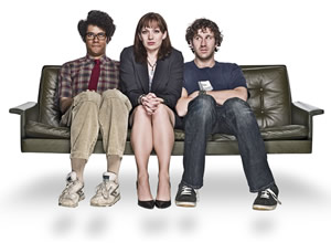 The IT Crowd. Image shows from L to R: Moss (Richard Ayoade), Jen (Katherine Parkinson), Roy (Chris O'Dowd). Copyright: TalkbackThames