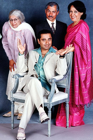 The Kumars At No. 42. Image shows from L to R: Ummi (Meera Syal), Sanjeev Kumar (Sanjeev Bhaskar), Dad (Vincent Ebrahim), Mum (Indira Joshi). Copyright: Hat Trick Productions