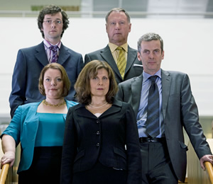 The Thick Of It. Image shows from L to R: Oliver Reeder (Chris Addison), Terri Coverley (Joanna Scanlan), Nicola Murray (Rebecca Front), Glenn Cullen (James Smith), Malcolm Tucker (Peter Capaldi). Copyright: BBC