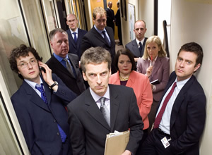 The Thick Of It. Image shows from L to R: Oliver Reeder (Chris Addison), Glenn Cullen (James Smith), Julius Nicholson (Alex Macqueen), Malcolm Tucker (Peter Capaldi), Ben Swain (Justin Edwards), Terri Coverley (Joanna Scanlan), Nick Hanway (Martin Savage), Robyn Murdoch (Polly Kemp), Jamie (Paul Higgins). Copyright: BBC