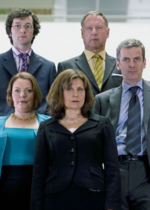 The Thick Of It. Image shows from L to R: Oliver Reeder (Chris Addison), Terri Coverley (Joanna Scanlan), Nicola Murray (Rebecca Front), Glenn Cullen (James Smith), Malcolm Tucker (Peter Capaldi). Copyright: BBC