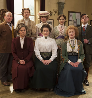 Up The Women. Image shows from L to R: Frank (Adrian Scarborough), Helen (Rebecca Front), Gwen (Vicki Pepperdine), Emily (Georgia Groome), Margaret (Jessica Hynes), Eva (Emma Pierson), Myrtle (Judy Parfitt), Thomas (Ryan Sampson). Copyright: BBC / Baby Cow Productions