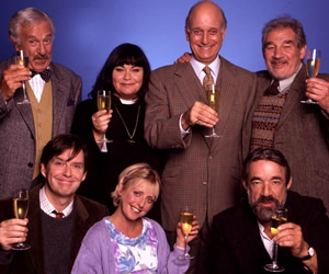 The Vicar Of Dibley. Image shows from L to R: Frank Pickle (John Bluthal), Hugo Horton (James Fleet), Geraldine Grainger (Dawn French), Alice Tinker (Emma Chambers), David Horton (Gary Waldhorn), Owen Newitt (Roger Lloyd Pack), Jim Trott (Trevor Peacock). Copyright: Tiger Aspect Productions