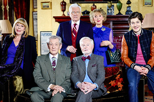 Vicious. Image shows from L to R: Violet (Frances de la Tour), Freddie (Ian McKellen), Mason (Philip Voss), Stuart (Derek Jacobi), Penelope (Marcia Warren), Ash (Iwan Rheon). Copyright: Brown Eyed Boy / Kudos Productions