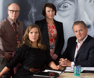 W1A. Image shows from L to R: Simon Harwood (Jason Watkins), Siobhan Sharpe (Jessica Hynes), Tracey Pritchard (Monica Dolan), Ian Fletcher (Hugh Bonneville). Copyright: BBC