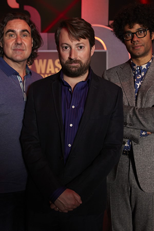 Was It Something I Said?. Image shows from L to R: Micky Flanagan, David Mitchell, Richard Ayoade. Copyright: Maverick Television / That Mitchell & Webb Company