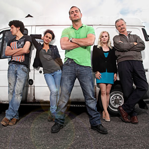 White Van Man. Image shows from L to R: Darren (Joel Fry), Liz (Naomi Bentley), Ollie (Will Mellor), Emma (Georgia Tennant), Tony (Clive Mantle). Copyright: ITV Studios