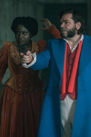 Year Of The Rabbit. Image shows from L to R: Mabel Wisbech (Susan Wokoma), Detective Inspector Rabbit (Matt Berry). Copyright: Objective Productions