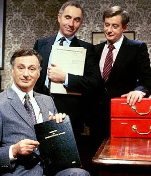 Yes Minister. Image shows from L to R: James Hacker (Paul Eddington), Sir Humphrey Appleby (Nigel Hawthorne), Bernard Woolley (Derek Fowlds). Copyright: BBC