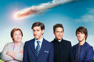 You, Me And The Apocalypse. Image shows from L to R: Paula (Pauline Quirke), Jamie (Mathew Baynton), Father Jude (Rob Lowe), Ariel (Mathew Baynton). Copyright: Working Title Films / Bigballs Films