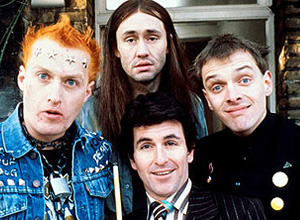 The Young Ones. Image shows from L to R: Vyvyan (Adrian Edmondson), Neil (Nigel Planer), Mike (Christopher Ryan), Rick (Rik Mayall). Copyright: BBC