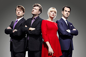 10 O'Clock Live. Image shows from L to R: David Mitchell, Charlie Brooker, Lauren Laverne, Jimmy Carr. Copyright: Zeppotron