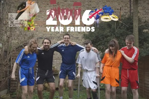 2016: Year Friends. Image shows from L to R: Ellie (Ellie White), Jamie (Jamie Demetriou), Al (Alastair Roberts), Liam (Liam Williams), Tash (Natasia Demetriou), Jonno (Daran Johnson)