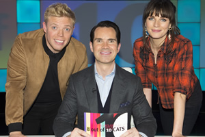 8 Out Of 10 Cats. Image shows from L to R: Rob Beckett, Jimmy Carr, Aisling Bea. Copyright: Zeppotron