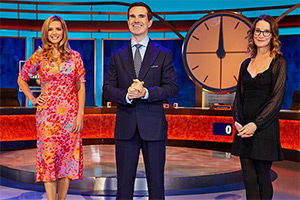 8 Out Of 10 Cats Does Countdown. Image shows left to right: Rachel Riley, Jimmy Carr, Susie Dent