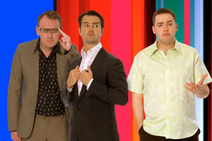 8 Out Of 10 Cats. Image shows from L to R: Sean Lock, Jimmy Carr, Jason Manford. Copyright: Zeppotron