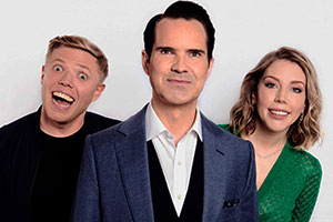 8 Out Of 10 Cats. Image shows from L to R: Rob Beckett, Jimmy Carr, Katherine Ryan. Copyright: Zeppotron