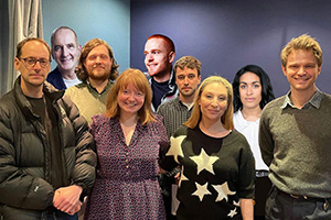 A House In History. Image shows from L to R: Phil Colchester (Alistair Green), Kevin McCloud, Carol Colchester (Kath Hughes), Reality Contestant (Adam Drake), Clementine Colchester (Jess Robinson), Kelly (Emily Lloyd Saini), Alex (Alexander Owen)