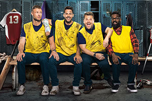 A League Of Their Own. Image shows from L to R: Andrew Flintoff, Jamie Redknapp, James Corden, Romesh Ranganathan. Copyright: CPL Productions