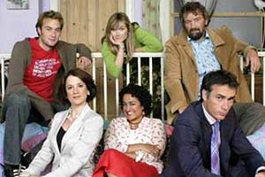 According To Bex. Image shows from L to R: Ryan (Oliver Chris), Chris (Raquel Cassidy), Bex (Jessica Hynes), Jan (Zita Sattar), Jack Atwell (Clive Russell), Charles Mathers (Greg Wise)
