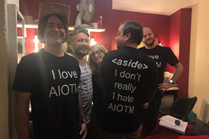 AIOTM. Image shows from L to R: Christian Reilly, Richard Herring, Emma Kennedy, Dan Tetsell, Ben Walker