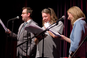 AIOTM. Image shows from L to R: Dan Tetsell, Richard Herring, Emma Kennedy. Copyright: Mat Ricardo