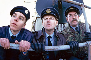 All Along The Watchtower. Image shows from L to R: Airman Tench (Felix Bell), Flight Lieutenant Simon Harrison (Chris Lang), Wing-Commander Hilary Campbell-Stokes (Roger Blake). Copyright: BBC