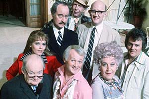 Are You Being Served?. Image shows from L to R: Mr. Ernest Grainger (Arthur Brough), Miss Shirley Brahms (Wendy Richard), Captain Stephen Peacock (Frank Thornton), Mr. Wilberforce Clayborne Humphries (John Inman), Mr. Harman (Arthur English), Mr. Cuthbert Rumbold (Nicholas Smith), Mrs. Betty Slocombe (Mollie Sugden), Mr. Dick Lucas (Trevor Bannister). Copyright: Anglo-EMI