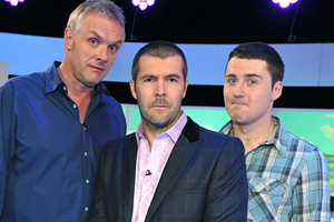 Ask Rhod Gilbert. Image shows from L to R: Greg Davies, Rhod Gilbert, Lloyd Langford. Copyright: Green Inc Film And Television