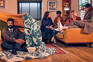 Avoidance. Image shows left to right: Jonathan (Romesh Ranganathan), Claire (Jessica Knappett), Spencer (Kieran Logendra), Courtney (Lisa McGrillis), Danielle (Mandeep Dhillon)