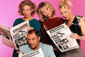 Babes In The Wood. Image shows from L to R: Caralyn (Natalie Walter), Charlie (Karl Howman), Ruth (Samantha Janus), Leigh (Denise Van Outen). Copyright: ITV