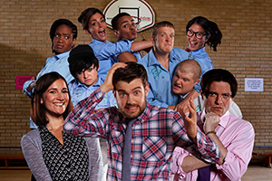 Bad Education. Image shows left to right: Miss Gulliver (Sarah Solemani), Cleopatra (Weruche Opia), Rem Dogg (Jack Binstead), Chantelle (Nikki Runeckles), Stephen (Layton Williams), Alfie (Jack Whitehall), Grayson (Jack Bence), Jing (Kae Alexander), Joe (Ethan Lawrence), Fraser (Mathew Horne)