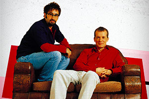 Baddiel & Skinner Unplanned Live From London's West End. Image shows left to right: David Baddiel, Frank Skinner. Credit: Avalon Television