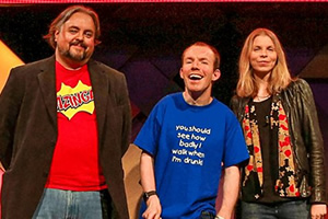 BBC Ouch Storytelling Live - Going Out. Image shows from L to R: Philip Henry, Lee Ridley, Lucy Jollow. Copyright: BBC
