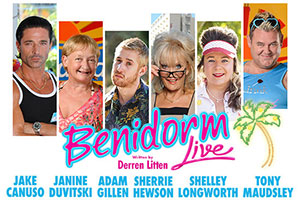 Benidorm. Image shows from L to R: Mateo (Jake Canuso), Jacqueline Stewart (Janine Duvitski), Liam (Adam Gillen), Joyce Temple Savage (Sherrie Hewson), Sam (Shelley Longworth), Kenneth (Tony Maudsley). Copyright: Tiger Aspect Productions