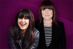 Between Ourselves With Marian Keyes. Image shows from L to R: Marian Keyes, Tara Flynn. Copyright: Giddy Goat Productions