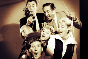 Beyond Our Ken. Image shows left to right: Kenneth Horne, Hugh Paddick, Kenneth Williams, Patricia Lancaster, Ron Moody, Betty Marsden. Credit: BBC