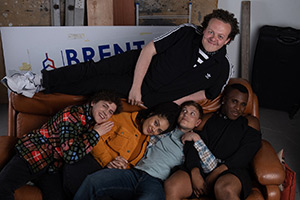 Big Boys. Image shows left to right: Jack (Dylan Llewellyn), Corinne (Izuka Hoyle), Jack Rooke, Danny (Jon Pointing), Yemi (Olisa Odele)