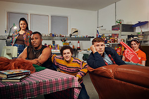 Big Boys. Image shows left to right: Corinne (Izuka Hoyle), Yemi (Olisa Odele), Nanny Bingo (Annette Badland), Jack (Dylan Llewellyn), Cousin Shannon (Harriet Webb), Peggy (Camille Coduri), Danny (Jon Pointing), Jules (Katy Wix)