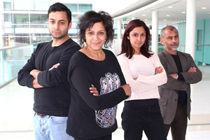 Bindi Business. Image shows from L to R: Raj (Chris Nayak), Bindi (Meera Syal), Anu (Krupa Pattani), Uncle Bash (Vincent Ebrahim). Copyright: BBC